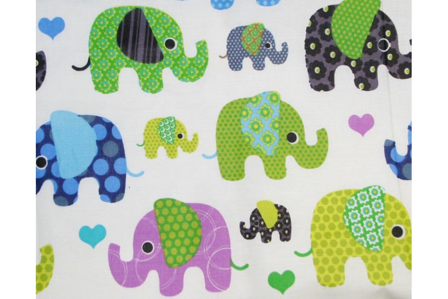 10cm Baumwolldruck bunte Elefanten auf Weiss  (Grundpreis € 10,00/m)   ACHTUNG - Muster verläuft entlang der Endelkante!