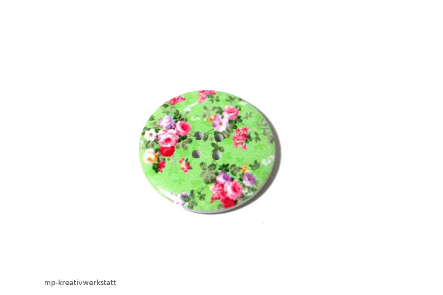 1 Stk Holzknopf Dm 40mm mit Blumendruck Rosen auf Grün