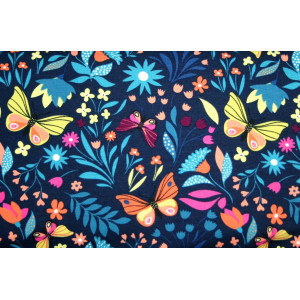10cm Sweat - French Terry bedruckt Schmetterlinge und Blüten auf Dunkelblau  (Grundpreis € 17,00/m)