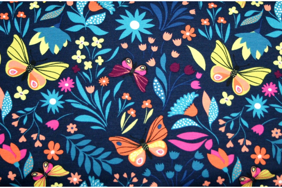10cm Sweat - French Terry bedruckt Schmetterlinge und Blüten auf Dunkelblau  (Grundpreis € 17,00/m)